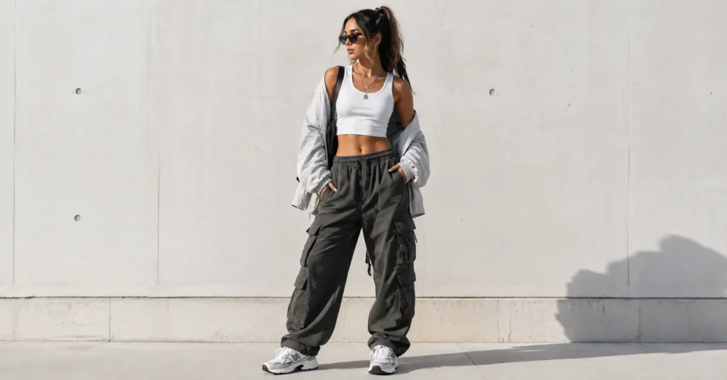 Tate McRae Concert Outfit Ideas: Edgy, Cool-Girl Looks for Every Fan 3 Tate McRae Concert Outfit Ideas featuring cargo pants and a sporty fitted top