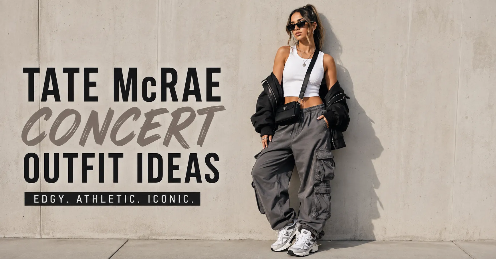 Tate McRae Concert Outfit Ideas featuring edgy streetwear with cargo pants and sporty cool-girl fashion