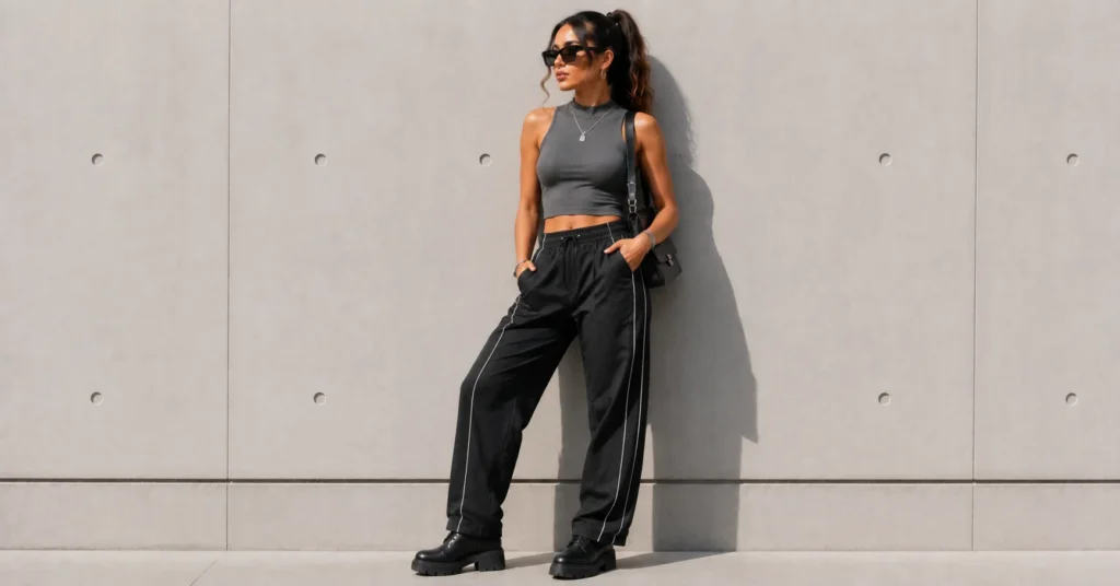Tate McRae Concert Outfit Ideas: Edgy, Cool-Girl Looks for Every Fan 11 Tate McRae Concert Outfit Ideas featuring track pants with modern sporty style
