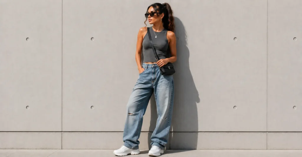 Tate McRae Concert Outfit Ideas: Edgy, Cool-Girl Looks for Every Fan 12 Tate McRae Concert Outfit Ideas with a tank top and baggy jeans.