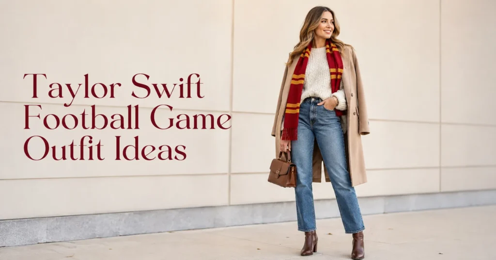 35 Effortless Taylor Swift Football Game Outfit Ideas That Look Stylish & Comfortable 2 Taylor Swift Football Game Outfit Ideas featuring a stylish woman in a cozy cream sweater, high-waisted jeans, and polished stadium-ready layers.