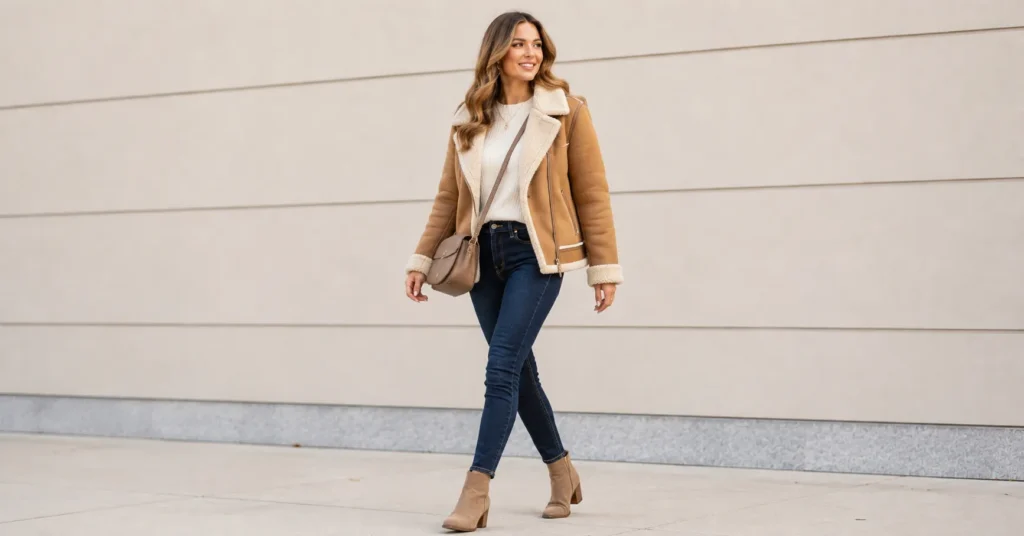 35 Effortless Taylor Swift Football Game Outfit Ideas That Look Stylish & Comfortable 5 Taylor Swift Football Game Outfit Ideas featuring a cozy shearling jacket and skinny jeans