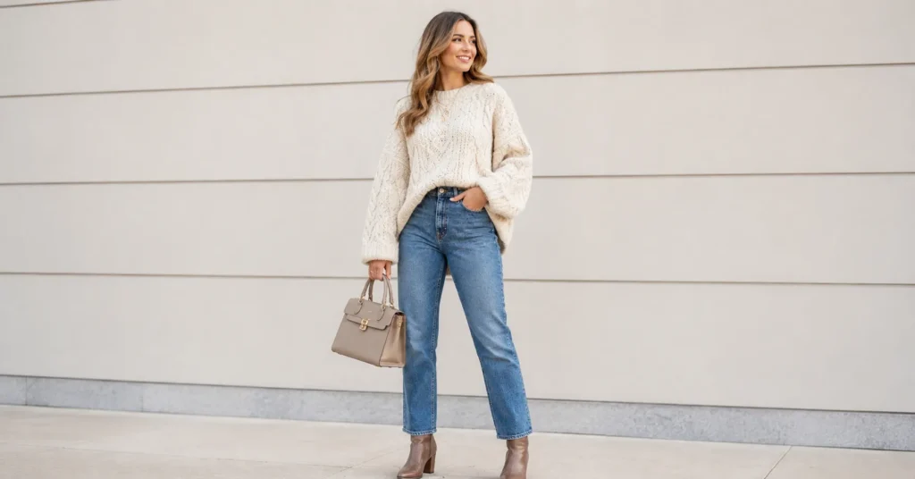 35 Effortless Taylor Swift Football Game Outfit Ideas That Look Stylish & Comfortable 3 Taylor Swift Football Game Outfit Ideas featuring a cream chunky sweater and high-waisted jeans.
