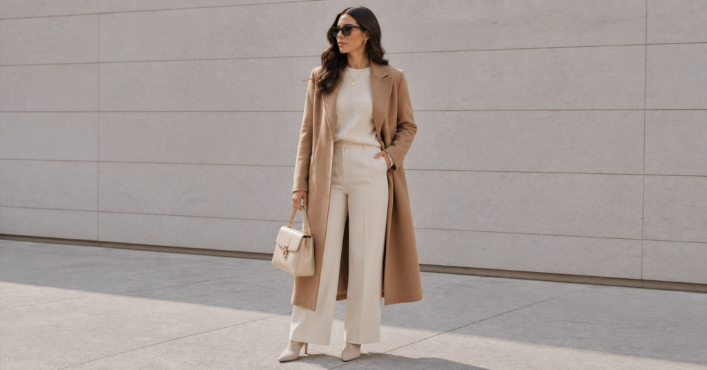 35 Effortless Taylor Swift Football Game Outfit Ideas That Look Stylish & Comfortable 13 Taylor Swift Football Game Outfit Ideas with a long camel coat over a sophisticated monochrome outfit