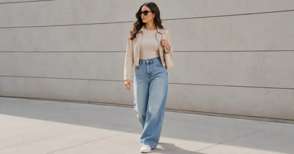 35 Effortless Taylor Swift Football Game Outfit Ideas That Look Stylish & Comfortable 11 Taylor Swift Football Game Outfit Ideas with a neutral bodysuit and wide-leg jeans