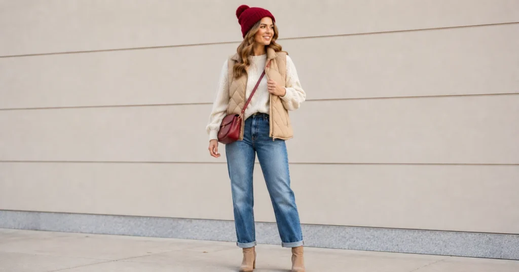 35 Effortless Taylor Swift Football Game Outfit Ideas That Look Stylish & Comfortable 6 Taylor Swift Football Game Outfit Ideas with a red beanie and cozy layered fall outfit.