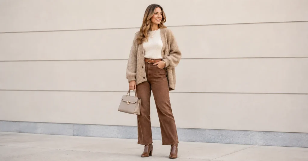 35 Effortless Taylor Swift Football Game Outfit Ideas That Look Stylish & Comfortable 4 Taylor Swift Football Game Outfit Ideas with a warm wool cardigan and brown corduroy pants