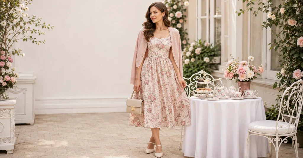 Tea Party Outfit Ideas with a classic floral midi dress, Mary Jane heels, pearl earrings, and cardigan