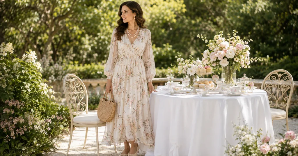 Tea Party Outfit Ideas featuring a romantic floral maxi dress, pearl accessories, woven handbag, and elegant flats