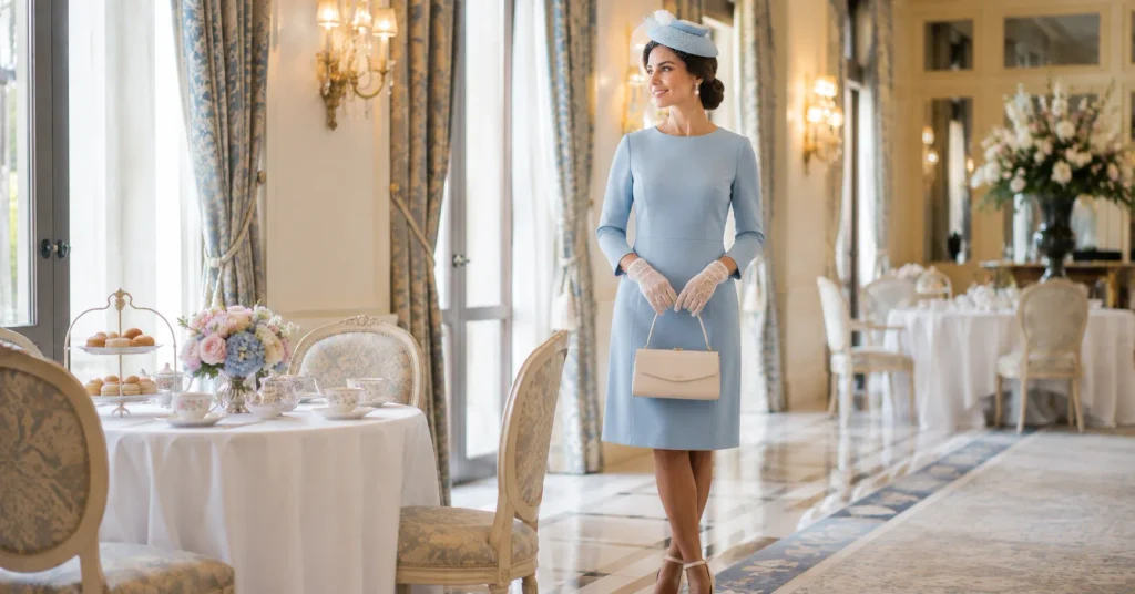 Tea Party Outfit Ideas featuring a tailored shift dress with fascinator, gloves, pearl earrings, and Mary Jane heels