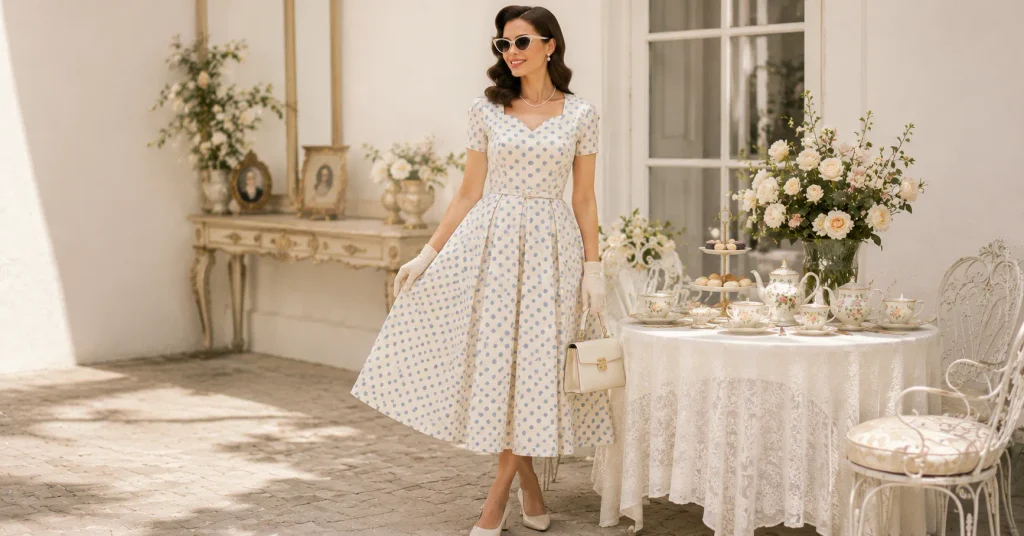 Tea Party Outfit Ideas featuring a vintage-inspired polka-dot tea dress, gloves, retro handbag, and classic heels