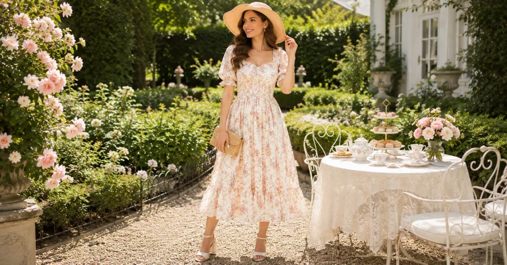 Tea Party Outfit Ideas featuring a floral garden party sundress, wide-brim hat, woven clutch, and block heels