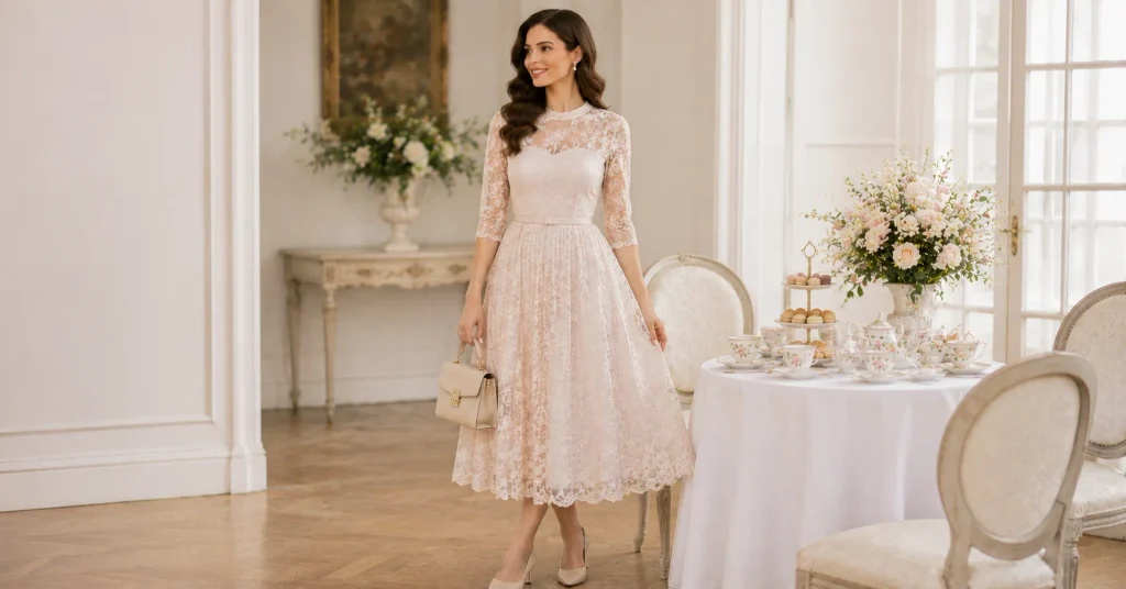 Tea Party Outfit Ideas featuring an elegant lace-detail dress with pearl accessories and simple heels