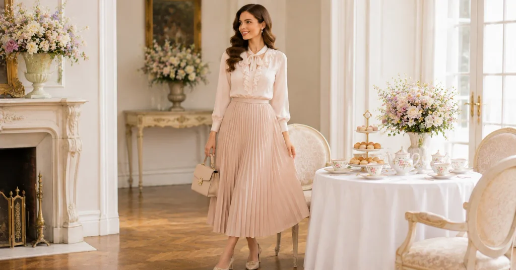 Tea Party Outfit Ideas featuring a pleated midi skirt, soft blouse, block heels, and structured handbag