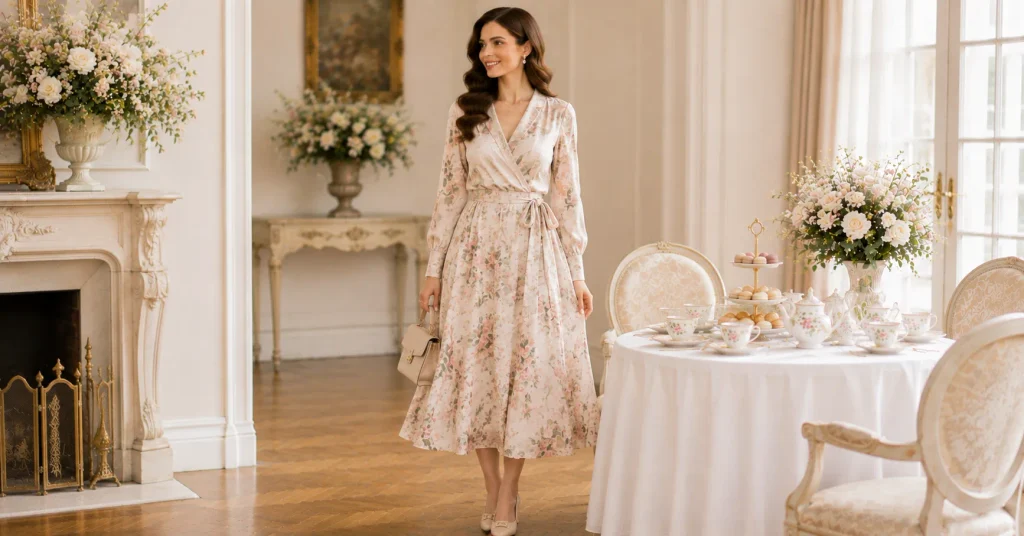 Tea Party Outfit Ideas featuring a flattering pastel wrap dress with delicate jewelry and low heels