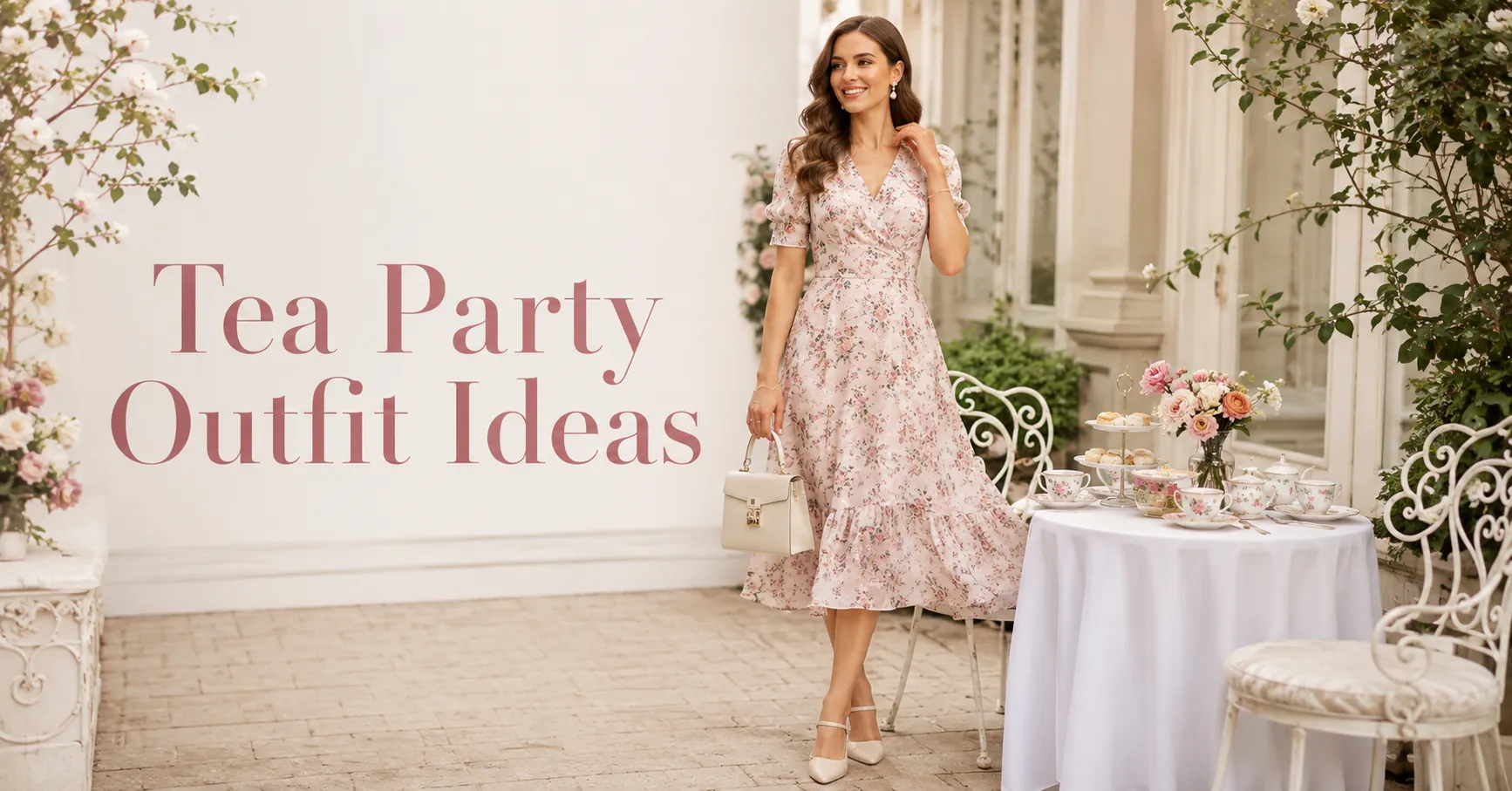 Home 12 Tea Party Outfit Ideas featuring an elegant adult woman in a pastel floral midi dress with pearl accessories