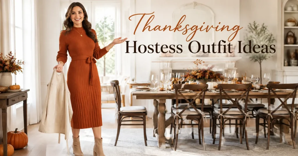 15 Stunning Thanksgiving Hostess Outfit Ideas for a Stylish Holiday Gathering 2 Thanksgiving Hostess Outfit Ideas featuring a stylish rust sweater dress and elegant autumn holiday hosting look