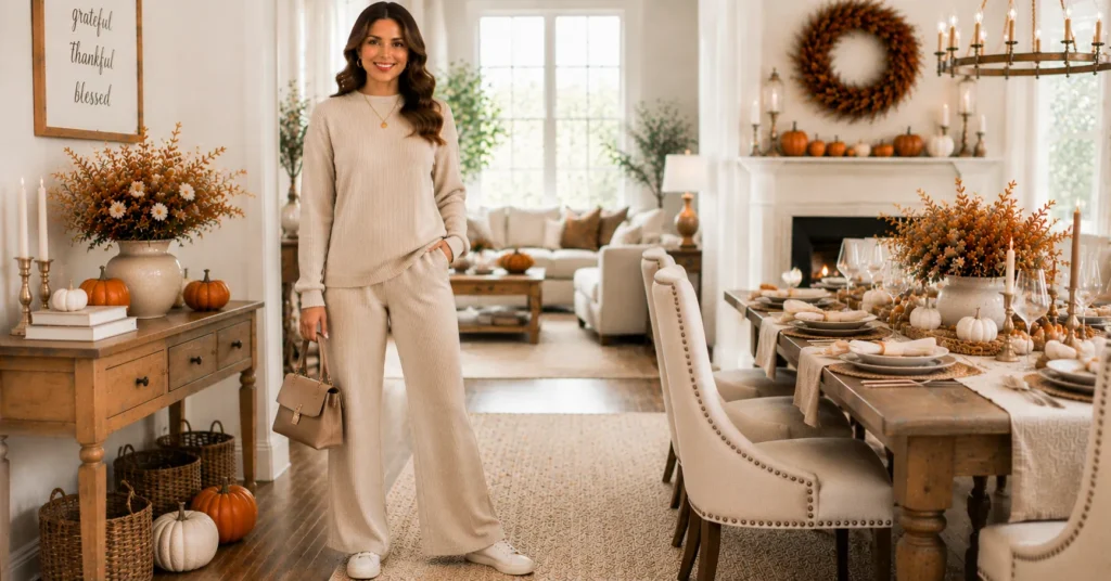 Thanksgiving Hostess Outfit Ideas featuring an elevated oatmeal knit loungewear set with wide-leg pants and polished accessories
