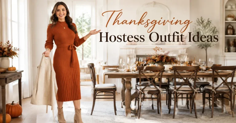 Thanksgiving Hostess Outfit Ideas featuring a stylish rust sweater dress and elegant autumn holiday hosting look
