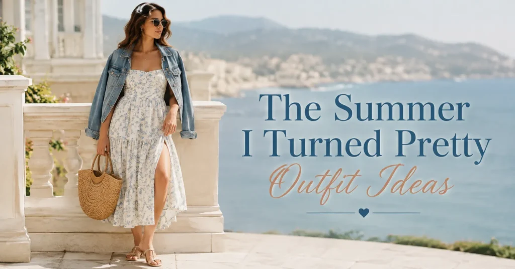 The Summer I Turned Pretty Outfit Ideas featuring a dreamy coastal sundress, denim jacket, and relaxed summer accessories