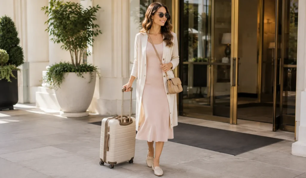 Effortless Wedding Farewell Brunch Outfit Ideas for the Morning After 6 Travel-ready Wedding Farewell Brunch Outfit Ideas with comfortable midi dress.