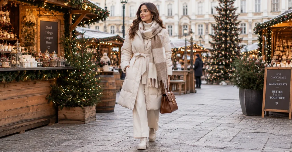 35 Stunning Christmas Market Outfit Ideas for a Cozy Winter Look 7 Trendy and Fashion-Forward Christmas Market Outfit Ideas with a belted puffer coat and wide-leg trousers