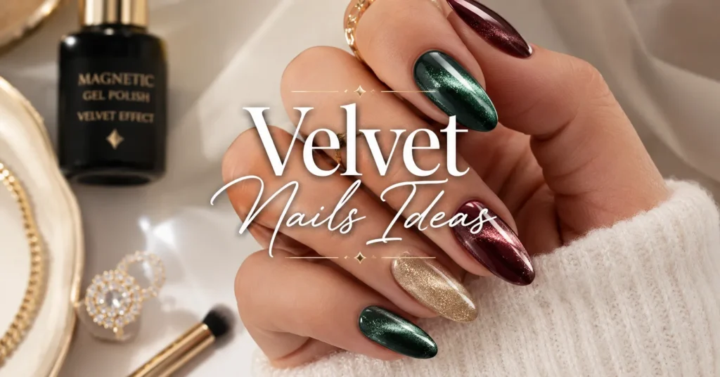 Velvet Nails Ideas featuring luxurious emerald, burgundy, and champagne magnetic cat-eye nails