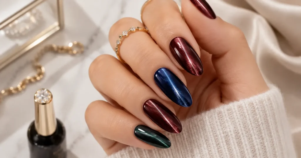 Velvet Nails Ideas featuring classic elegant emerald, sapphire, and burgundy magnetic cat-eye nails