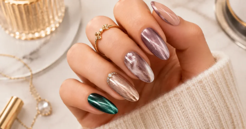 Velvet Nails Ideas featuring creative velvet French tips, marble accents, floral details, chrome shimmer, and crystals