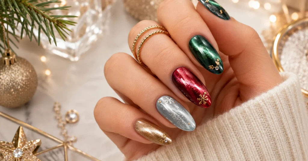 Velvet Nails Ideas featuring festive emerald, ruby red, icy silver, champagne, and copper velvet nails