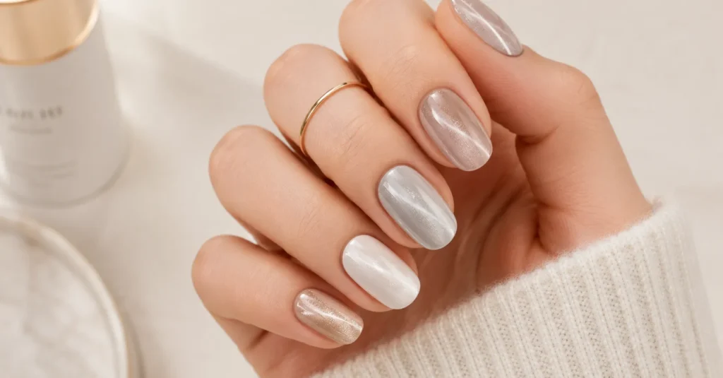 Velvet Nails Ideas featuring minimalist nude, taupe, gray, milky white, and champagne velvet nails