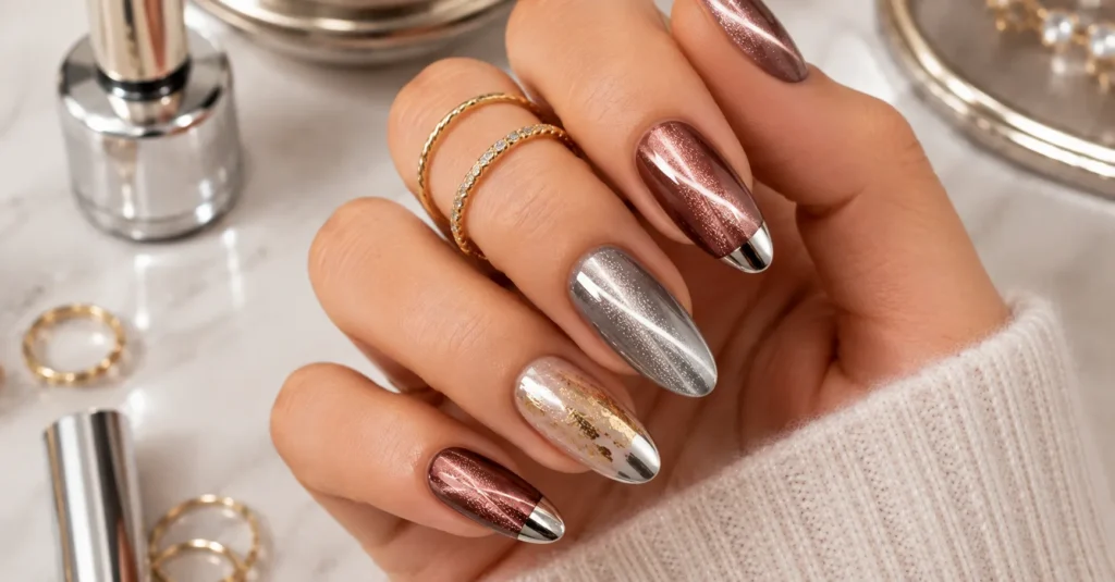 Velvet Nails Ideas with chrome tips, gold foil, silver cat-eye shimmer, and metallic accents