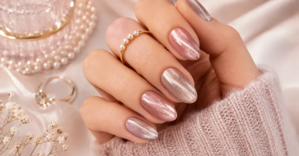 Velvet Nails Ideas with soft blush pink, rose gold, champagne, and lavender romantic velvet manicure designs