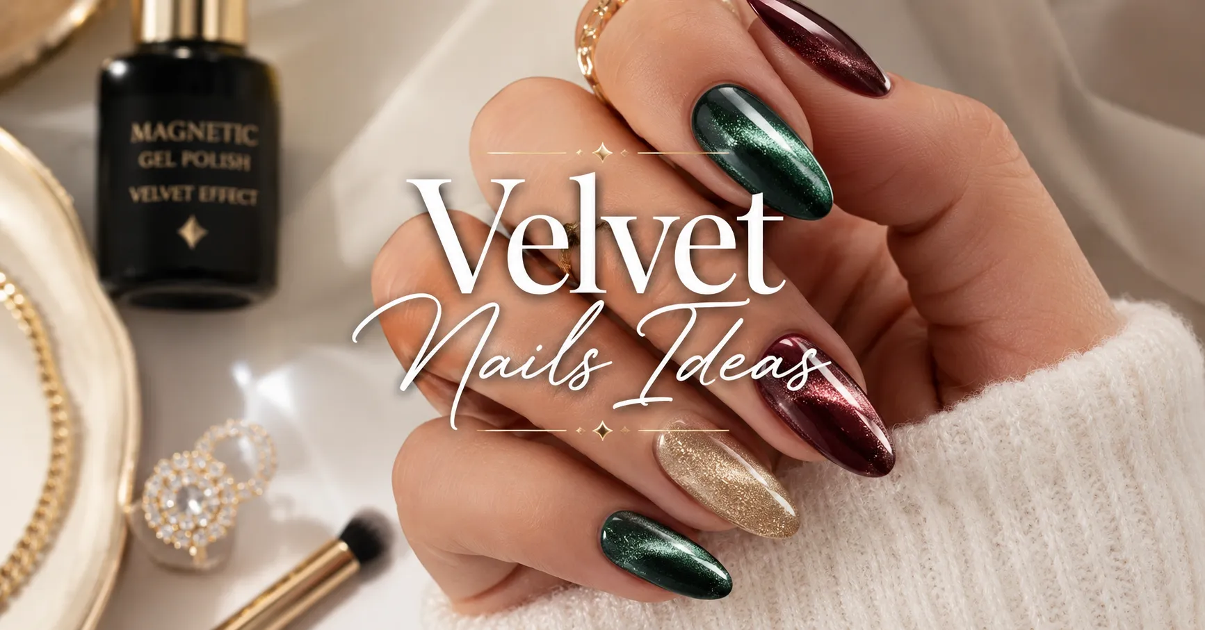 Velvet Nails Ideas featuring luxurious emerald, burgundy, and champagne magnetic cat-eye nails