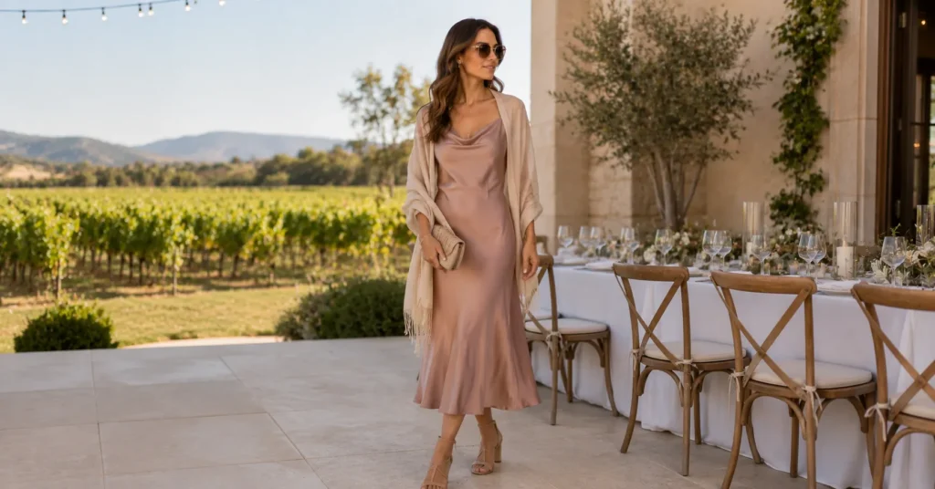 10 Stunning Vineyard Outfit Ideas Women Can Wear for a Stylish Wine Country Look 12 Vineyard Outfit Ideas Women featuring an elegant satin midi dress for a vineyard dinner
