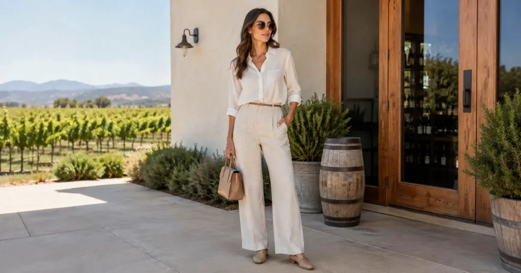 10 Stunning Vineyard Outfit Ideas Women Can Wear for a Stylish Wine Country Look 9 Vineyard Outfit Ideas Women featuring tailored wide-leg trousers and a polished blouse