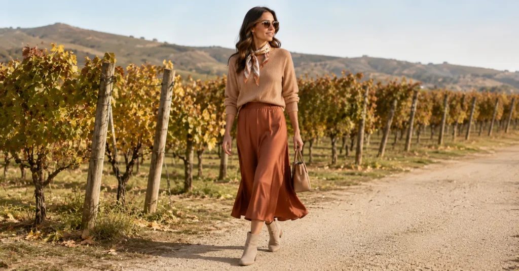 10 Stunning Vineyard Outfit Ideas Women Can Wear for a Stylish Wine Country Look 10 Vineyard Outfit Ideas Women featuring a cozy camel sweater, midi skirt, and ankle boots