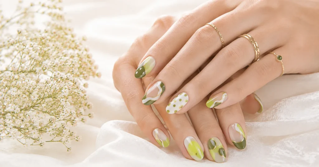 12 Vibrant Wasabi Nails Ideas for a Bold and Trendy Green Manicure 8 Wasabi Nails Ideas with Abstract Green Nail Art