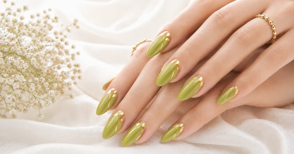 12 Vibrant Wasabi Nails Ideas for a Bold and Trendy Green Manicure 9 Wasabi Nails Ideas with Wasabi Green and Gold Accents
