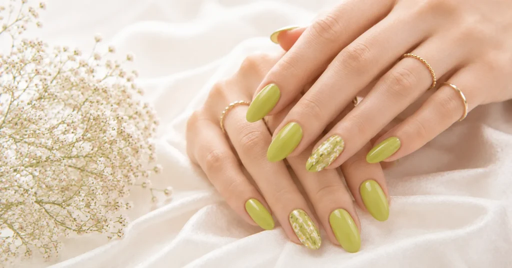 12 Vibrant Wasabi Nails Ideas for a Bold and Trendy Green Manicure 10 Wasabi Nails Ideas with Delicate Floral Green Nail Art