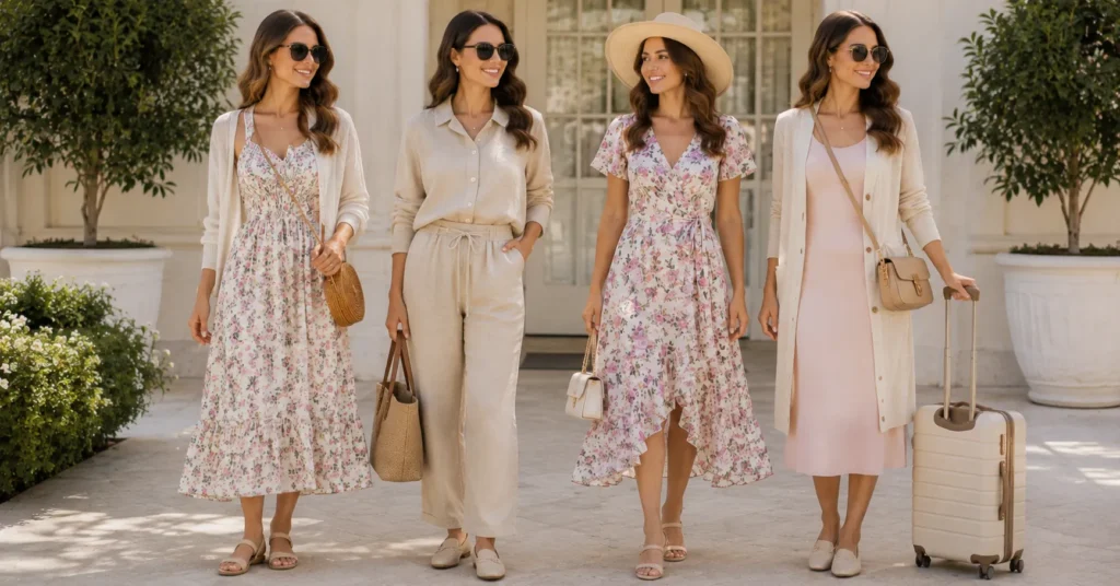 Effortless Wedding Farewell Brunch Outfit Ideas for the Morning After 7 Wedding Farewell Brunch Outfit Ideas comparison showing four different outfit styles.