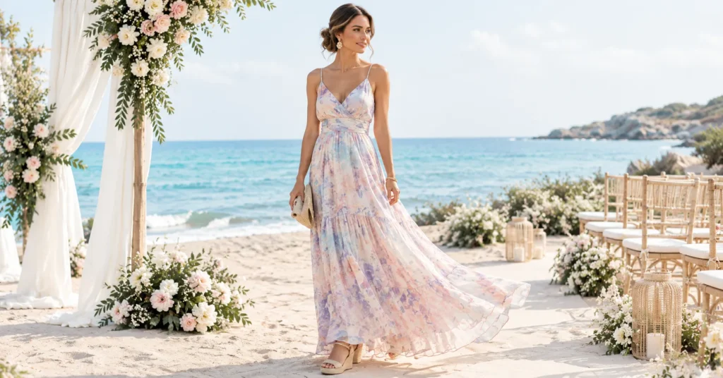 Wedding Guest Outfit Ideas for Beach Wedding featuring a flowing pastel maxi dress