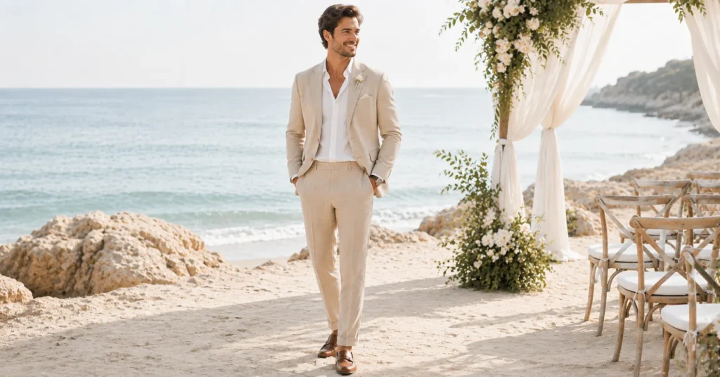 Wedding Guest Outfit Ideas for Beach Wedding featuring a sophisticated beige linen suit