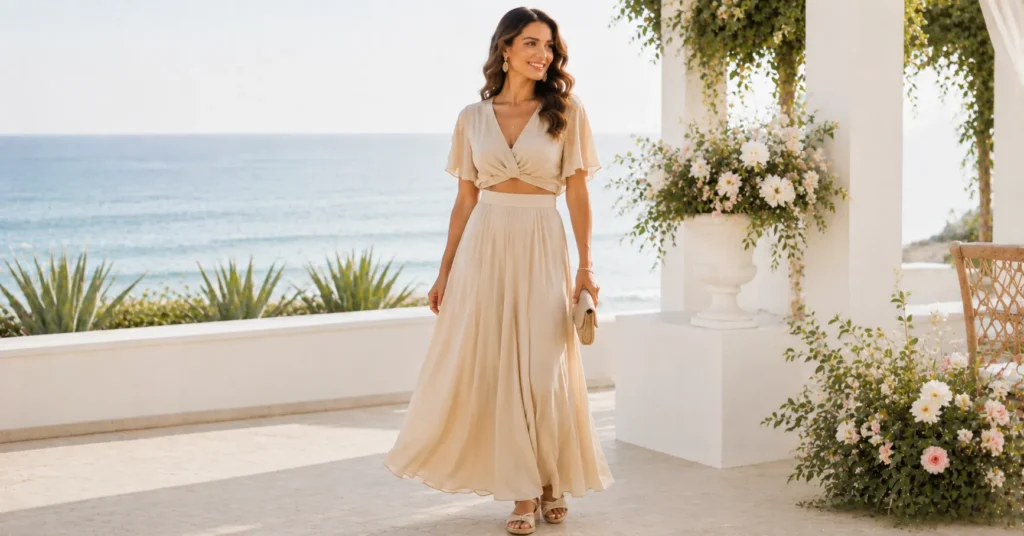 Wedding Guest Outfit Ideas for Beach Wedding featuring a chic coordinated two-piece outfit