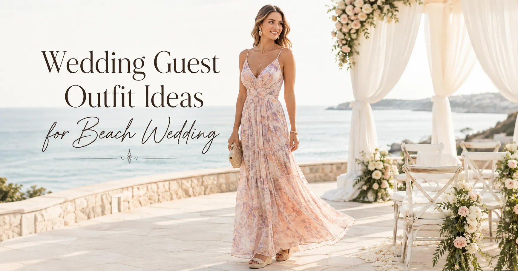 Wedding Guest Outfit Ideas for Beach Wedding featuring an elegant flowing maxi dress