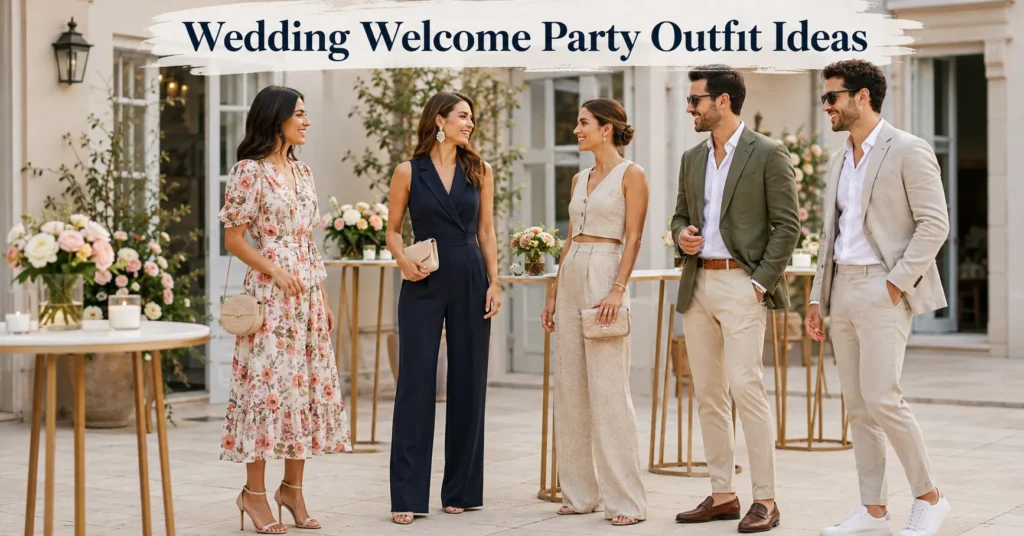Dazzling Wedding Welcome Party Outfit Ideas for Every Guest 2 Wedding Welcome Party Outfit Ideas featuring stylish guest outfits for women and men in elegant wedding weekend attire.