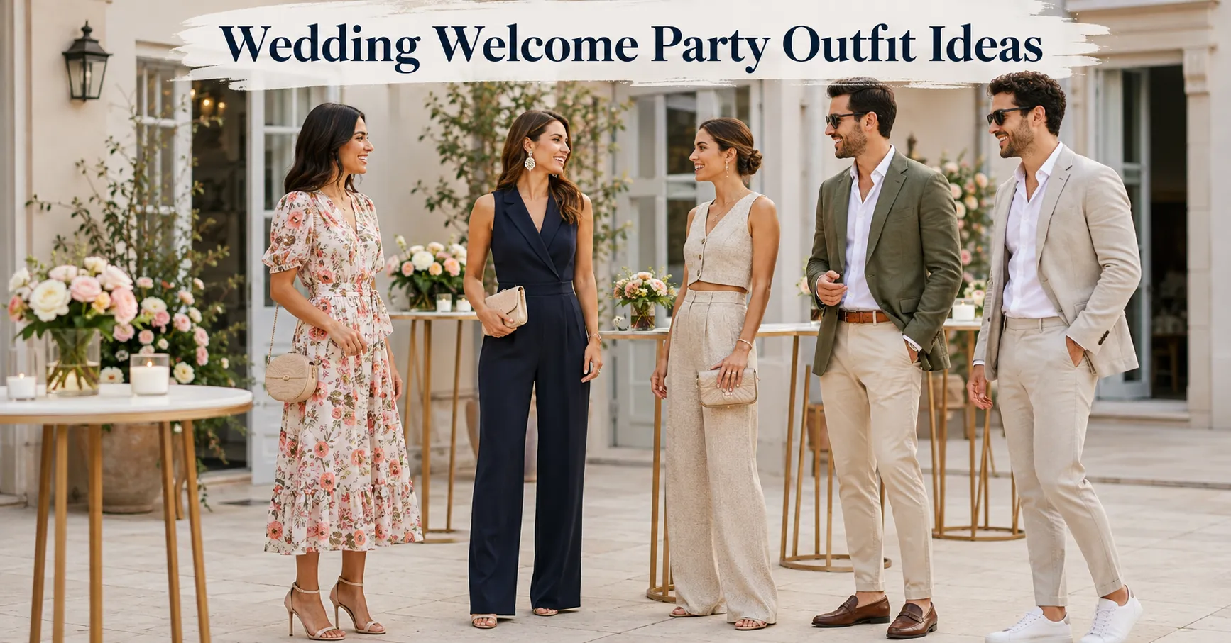 Wedding Welcome Party Outfit Ideas featuring stylish guest outfits for women and men in elegant wedding weekend attire.