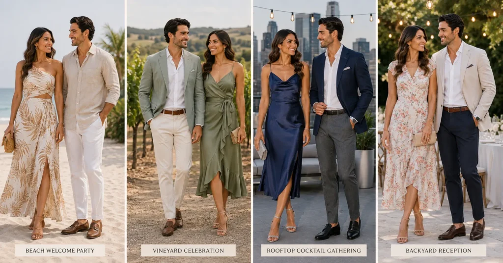 Dazzling Wedding Welcome Party Outfit Ideas for Every Guest 13 Wedding Welcome Party Outfit Ideas matched to different wedding venues.