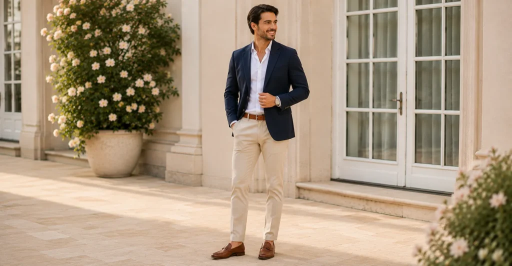 Dazzling Wedding Welcome Party Outfit Ideas for Every Guest 7 Wedding Welcome Party Outfit Ideas with a blazer and chinos combination for men.