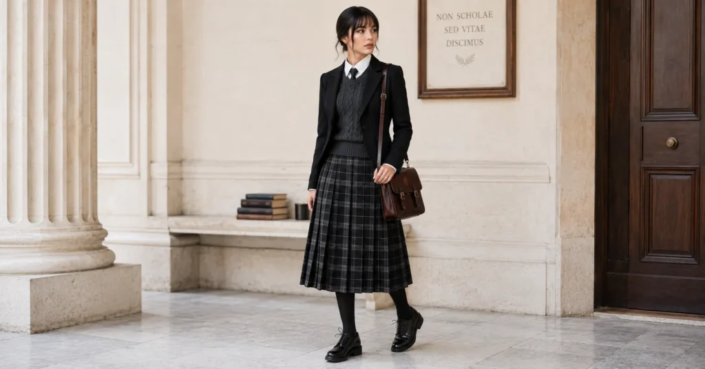 Wednesday Season 2 outfit ideas combining gothic fashion with dark academia style